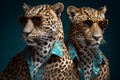 Two leopard fashion models wearing stylish trendy sunglasses. Cute anthropomorphic animals