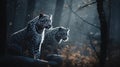 Two leopards in a foggy forest. Wildlife scene.