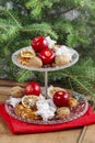 Two level dessert stand full of sweets