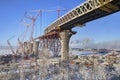 Two-level highway bridge flyover through Sea Canal under construction, Saint-Petersburg.