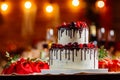 Two level white wedding cake, decorated with fresh red fruits and berries, drenched in chocolate. Bright banquet table decoration Royalty Free Stock Photo