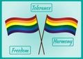 Two LGBT flag on a pole and three frames for text with the words