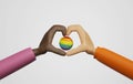 Two LGBTQ multiracial hands making heart symbol and rainbow planet Royalty Free Stock Photo