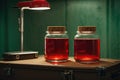 two of lidded jars full of blood resting on a wooden table near a cardboard suitcase