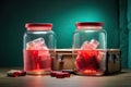 two of lidded jars full of blood resting on a wooden table near a cardboard suitcase