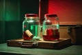 two of lidded jars full of blood resting on a wooden table near a cardboard suitcase