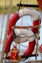 Two life rings or lifebuoys on a Thames sailing barge Royalty Free Stock Photo