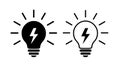 Two Light Bulb Flat Icons, Black And Linear. Lighting Electric Lamp With Lightning Inside And Rays, Vector Simple Pictograms. Royalty Free Stock Photo