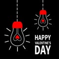 Two light bulb shining hanging on dash line. Red heart shape. Flat design style. Happy Valentines day card. Flat design. White Royalty Free Stock Photo