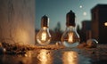 Two light bulbs are lit up in the image, one on the left and one on the right. The scene is set in a city at night, with Royalty Free Stock Photo