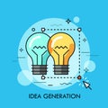 Two light bulbs selected with rectangular selection tool and cursor. Concept of original idea generation, creativity