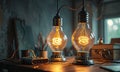 Two light bulbs are sitting on a table, one of which is glowing brighter than the other. Royalty Free Stock Photo