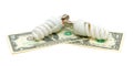 Two light bulbs and U.S. dollars isolated on white background Royalty Free Stock Photo