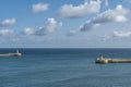 The two lighthouses marking the entrance to the Grand Harbour in Valletta, Malta, under a dramatic sky Royalty Free Stock Photo