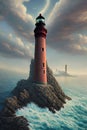 Two lighthouses on the rocks in the sea. Generative ai Royalty Free Stock Photo