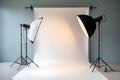 Two lighting setups illuminate a pristine photography backdrop, promising professional and versatile studio capabilities. Royalty Free Stock Photo