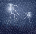 Two lightning flashes and raindrops in the dark sky.