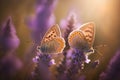 Two lilac butterfly on Lavender flowers in rays of summer sunlight in spring outdoors macro in wildlife, soft focus.
