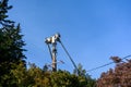 Two linemen working on a wireless communications radio and antenna installation using a bucket truck Royalty Free Stock Photo