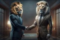 Two lion business men shaking hands, illustration, generative AI
