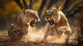 Two Lionesses Confronting Each Other in their Natural Realm. Generative AI Royalty Free Stock Photo