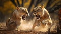 Two Lionesses Confronting Each Other in their Natural Realm. Generative AI