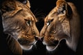 Two lioness girlfriends kiss each other, powerful, but affectionate and friendly predatory big cats close-up, AI generated