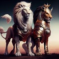 two lions in armor walking side by side Royalty Free Stock Photo