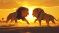 Two Lions Confronting Each Other at Sunset in African Savanna Royalty Free Stock Photo