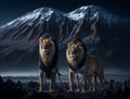 Two lions with a magnificent mountain range behind