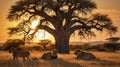 Lions Relaxing at Sunset Under a Majestic Baobab Tree in the African Savannah. Royalty Free Stock Photo