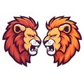 Two lions are shown in a stylized illustration, each with a fierce gaze and vibrant manes,