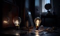 Two lit light bulbs in the dim room. Lamps on the wooden table among the multiple details. Generative AI Royalty Free Stock Photo