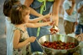 Two little girls at family picnic eating strawberries on summer day. Royalty Free Stock Photo