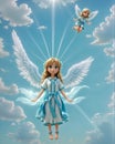 Two little angels cartoon 3 d style floating in the blue sky