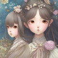 two little anime girls with flowers in their hair Royalty Free Stock Photo