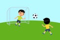 Two little asian boys play soccer.