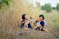 Two little Asian girls enjoy and fun to play with baby dogs and they sit near rice field with soft light of evening Royalty Free Stock Photo