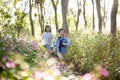 Two little asian kids running in flower field Royalty Free Stock Photo