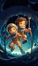 Two Little Astronauts Crossing in Spaceship Colors. Generative ai