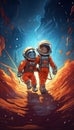 Two Little Astronauts Crossing in Spaceship Colors. Generative ai