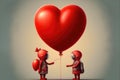 Two little astronauts in love. Giving away love in the shape of a red big heart balloon. Generative AI