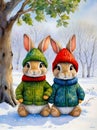 Two little Rabbits standing in the snow wrapped up warm