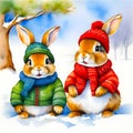 Two little Rabbits standing in the snow wrapped up warm