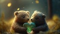 Two little bears toys holds heart in paws on colorful lens flare background cute in love teddy bears