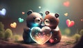 Two little bears toys holds heart in paws on colorful lens flare background cute in love teddy bears