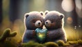 Two little bears toys holds heart in paws on colorful lens flare background cute in love teddy bears