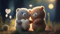 Two little bears toys holds heart in paws on colorful lens flare background cute in love teddy bears