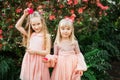 Two little beautiful sisters are walking and having fun in azaleas park Royalty Free Stock Photo