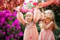 Two little beautiful sisters are walking and having fun in azaleas park Royalty Free Stock Photo